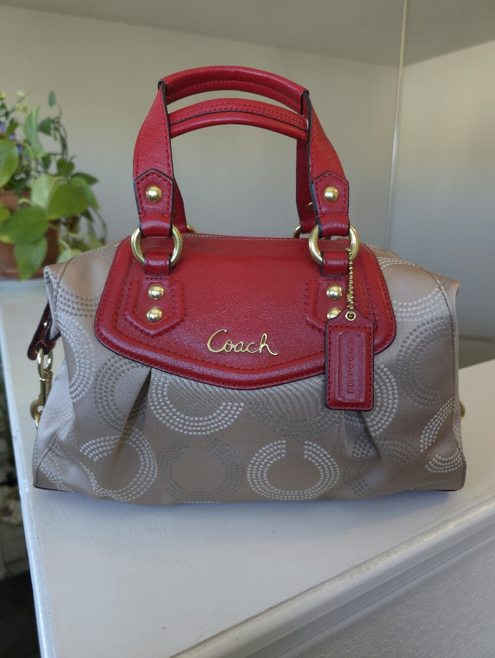 Coach Ashley Dotted Op Art Beige Red Carryall Satchel #F20027 - Picture 2 of 16